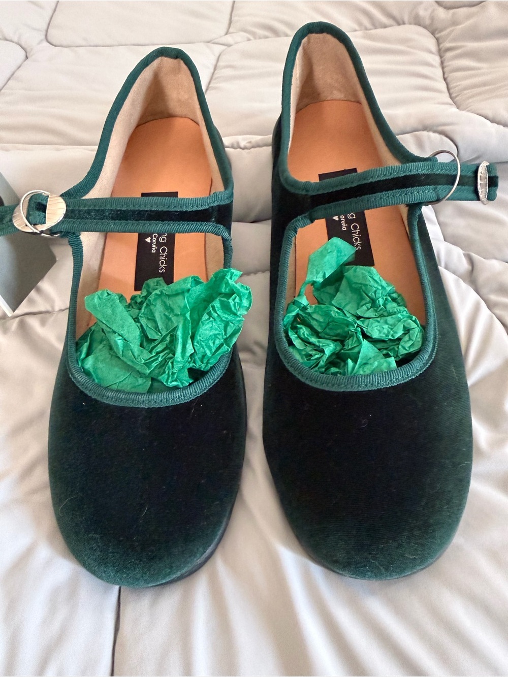 Swinging Chicks Green Handmade Velvet Mary Jane Flats Buckle Strap 38
